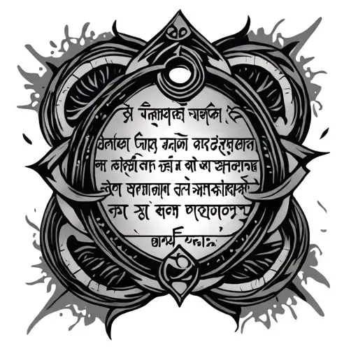 create image for a tattoo design with a serotonin symbol and sanskrit quote || अनुगच्छतु प्रवाह || combined tattoo design idea