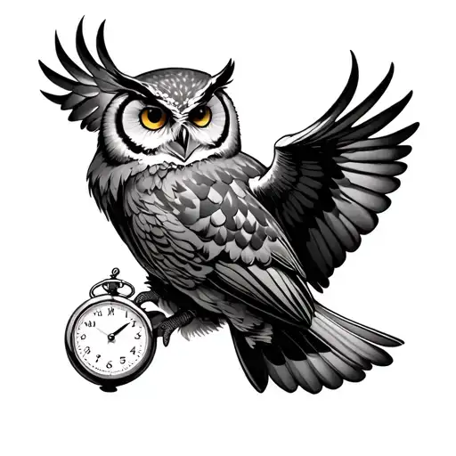 owl flying with a stop watch  tattoo design idea
