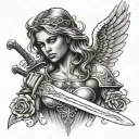 guardian angel with beautiful face and a sword tattoo design idea
