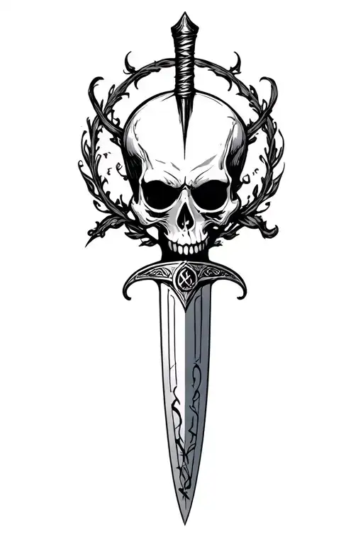Sharp long dagger with runes shaded skull head tattoo design idea