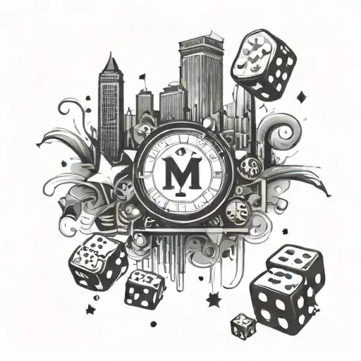 A casino skyline silhouette with iconic gambling symbols like dice, cards, and chips, set against a backdrop of a full m tattoo design idea