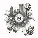 A casino skyline silhouette with iconic gambling symbols like dice, cards, and chips, set against a backdrop of a full m tattoo design idea