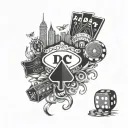 A casino skyline silhouette with iconic gambling symbols like dice, cards, and chips, set against a backdrop of a full m tattoo design idea
