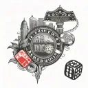 A casino skyline silhouette with iconic gambling symbols like dice, cards, and chips, set against a backdrop of a full m tattoo design idea
