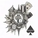 A casino skyline silhouette with iconic gambling symbols like dice, cards, and chips, set against a backdrop of a full m tattoo design idea