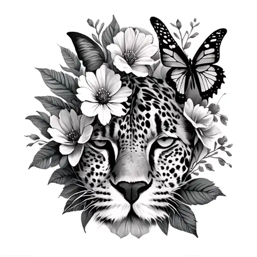 thigh tattoo with flowers and butterflies and cheetah print tattoo design idea