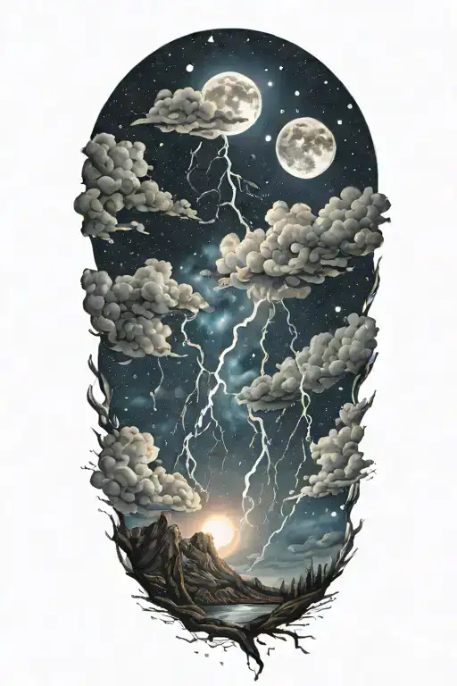 night sky filled with constellations moon thunderstorm lightning bolts  tattoo design idea