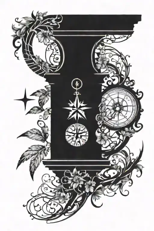 arch monument with vine and compass surrounded by various tattoo design idea