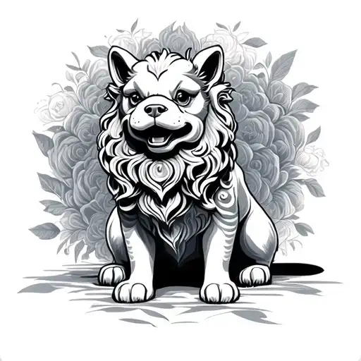 female foo dog sitting tattoo design idea