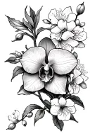 cattleya orchid and rose and hawthorn blossom and plum blossom tattoo design idea