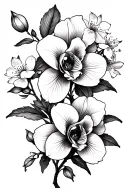 cattleya orchid and rose and hawthorn blossom and plum blossom tattoo design idea