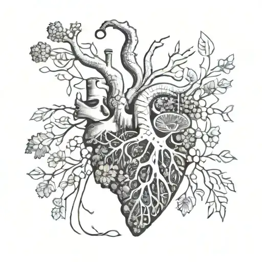 organ heart aorta arteries shaped with sea shells corals tree vines roots grapes tattoo design idea