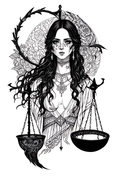 Make Shikimori hold a gothic style libra scale tattoo design idea