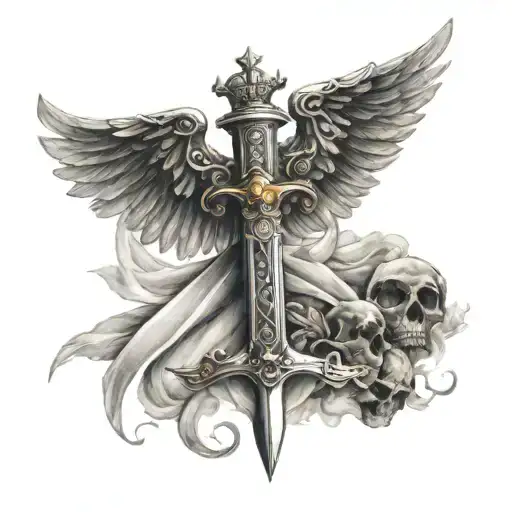 sword with angel wings and a crown  tattoo design idea
