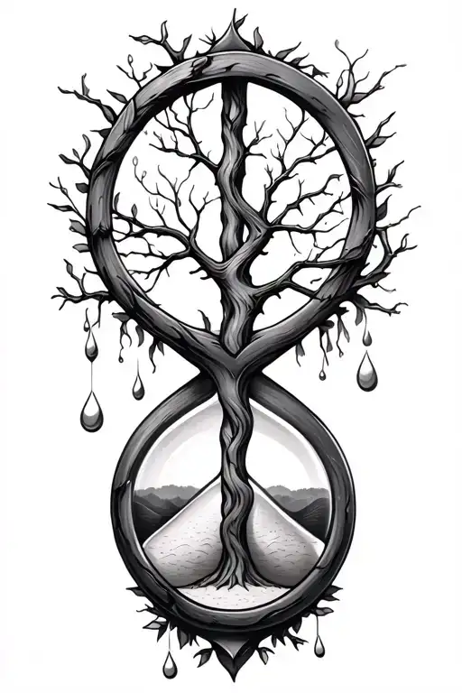 peace and hourglass combined, sand falling, tree branches tattoo design idea