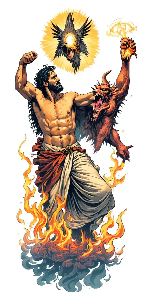 man fighting demons in hell to reach Jesus in heaven  tattoo design idea