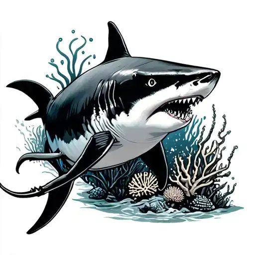 shark swimming in the reef with shadow tattoo design idea