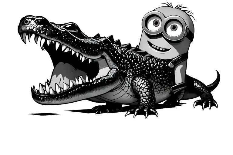 minion holding an alligator mouth open tattoo design idea