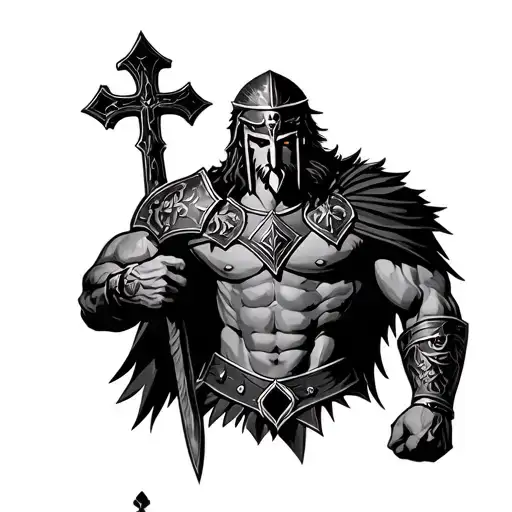 powerful Spartan warrior with cross tattoo design idea