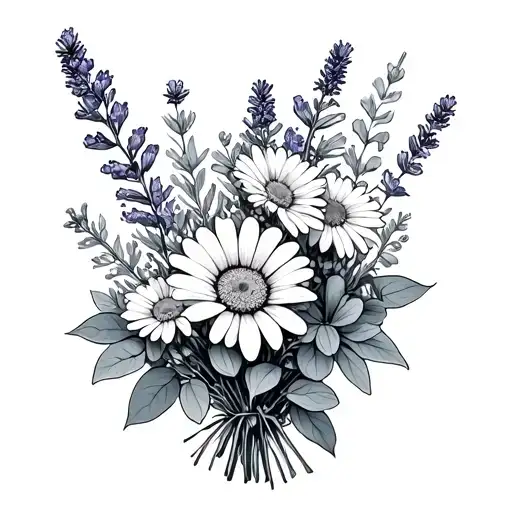 sage, eucalyptus, lavender, daisy bouquet tattoo design idea