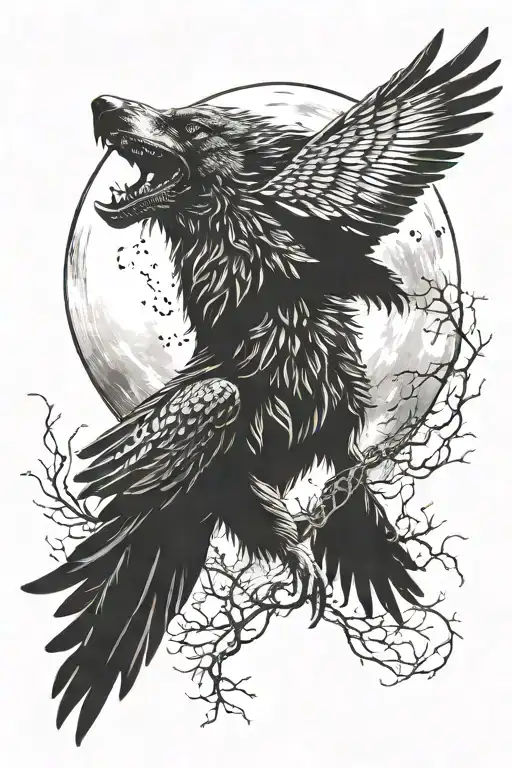 wolf head crow flying moon merging together forresr tattoo design idea