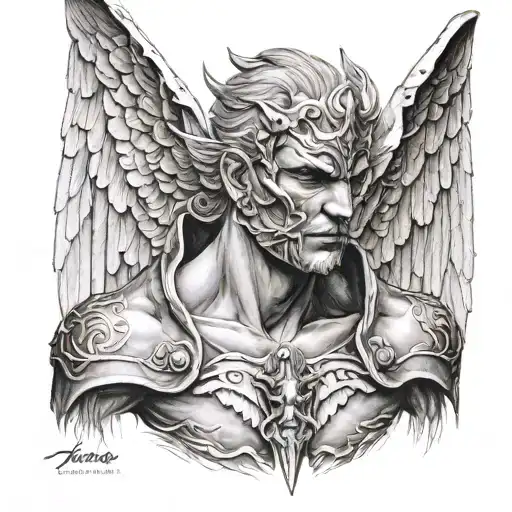 half masked face angel,male,hyperrealistic,blackandwhite,pit demon teared wings, holding cuting weapon,realism tattoo,3d tattoo design idea