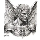 half masked face angel,male,hyperrealistic,blackandwhite,pit demon teared wings, holding cuting weapon,realism tattoo,3d tattoo design idea