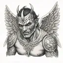 half masked face angel,male,hyperrealistic,blackandwhite,pit demon teared wings, holding cuting weapon,realism tattoo,3d tattoo design idea
