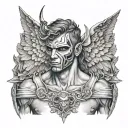 half masked face angel,male,hyperrealistic,blackandwhite,pit demon teared wings, holding cuting weapon,realism tattoo,3d tattoo design idea