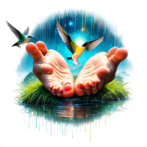 the hands from creation of adam intergalactic clouds glitter rain grass lined stone bed creek bare feet sunshie hummingb tattoo design idea