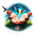 the hands from creation of adam intergalactic clouds glitter rain grass lined stone bed creek bare feet sunshie hummingb tattoo design idea