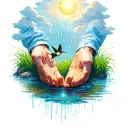 the hands from creation of adam intergalactic clouds glitter rain grass lined stone bed creek bare feet sunshie hummingb tattoo design idea