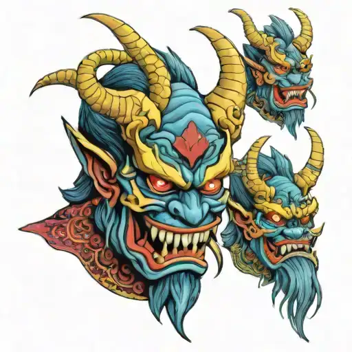 colorful Japanese style Oni demon mask with snakes wrapped loosely tattoo design idea