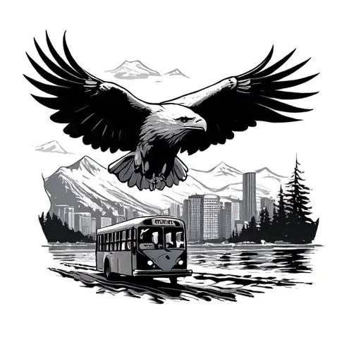 bald Eagal flying down from the mountian above water and a costly in front with a bus driving in the city  tattoo design idea