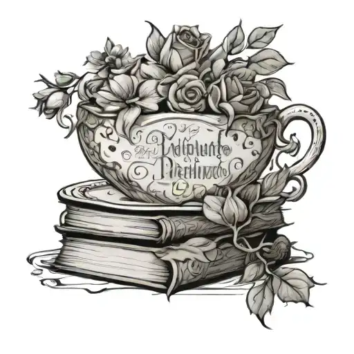 stack of books, teacup that looks like chip on beauty and the beast, floral, include titles pride & prejudice, tattoo design idea