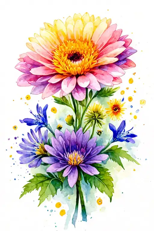 asters, chrysanthemums, and larkspur tattoo design idea
