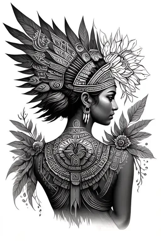aztec inspired back piece incorporating elements of goddesses, patterns and nature tattoo design idea