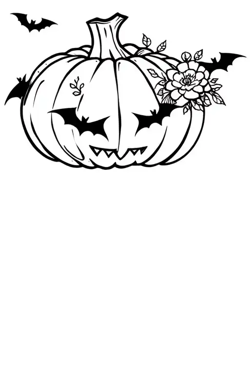 floral pumpkin with bats tattoo design idea