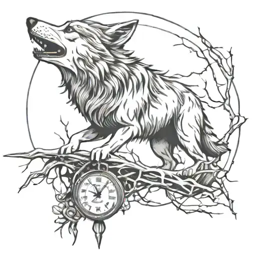 A wolf released from barbed wire howling with a clock. tattoo design idea