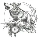 A wolf released from barbed wire howling with a clock. tattoo design idea