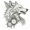 A wolf released from barbed wire howling with a clock. tattoo design idea