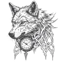 A wolf released from barbed wire howling with a clock. tattoo design idea