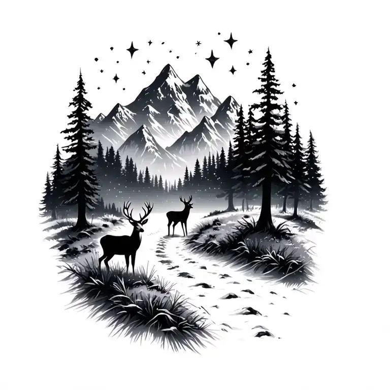 Mountains with a forest and a path. there is a deer standing near the path. the night has twinkling stars tattoo design idea