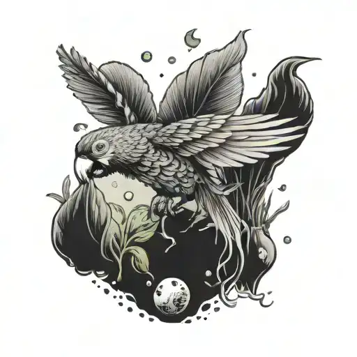 A surreal scene of a parrot diving into a sea filled with money bags and plants growing underwater tattoo design idea