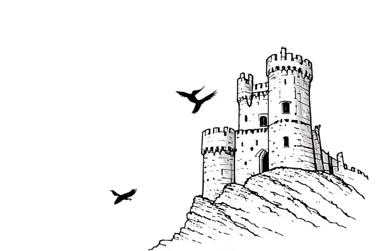 ruins of an Irish castle on a cliff with crows tattoo design idea