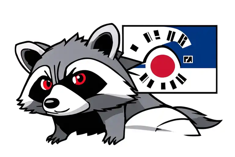 raccoon face with eye patch on his right eye, the other eye is red, his noise is the color of the south korean flag tattoo design idea
