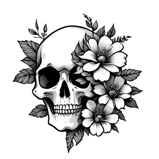 cute skull flowers tattoo design idea