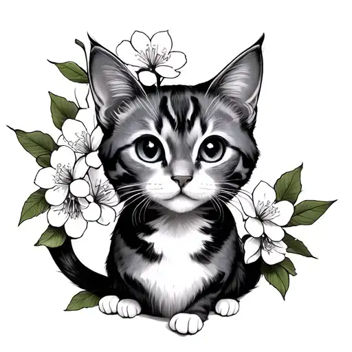 anime cat and apple blossoms tattoo design idea