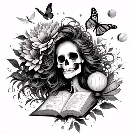 feminine pretty skeleton with flowing hair, protea, flying paper lanterns, butterfly, dragonfly, represent love of books tattoo design idea