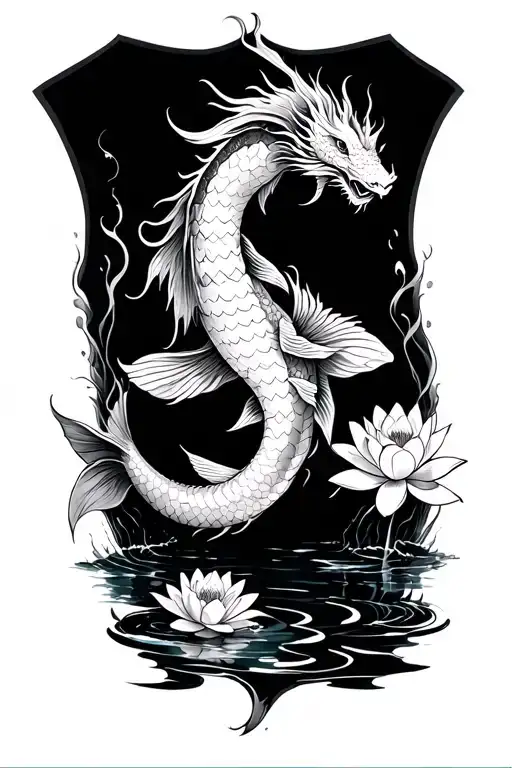 large Chinese sea dragon, 5 swimming koi fish, water lillies, and water thigh tattoo tattoo design idea